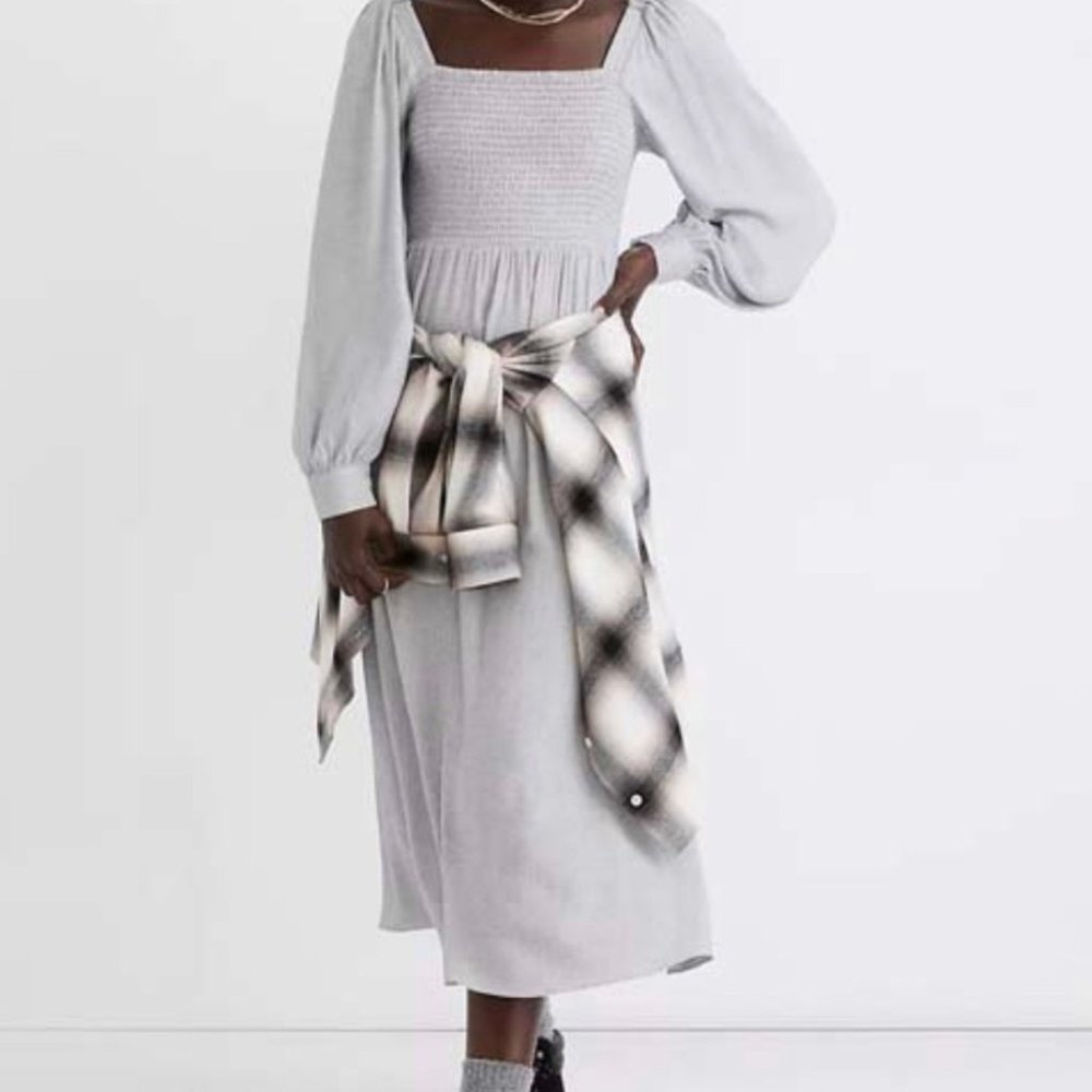 Madewell Heather Gray Smocked Lucie Bishop Sleeve Midi Dress Size L NWOT